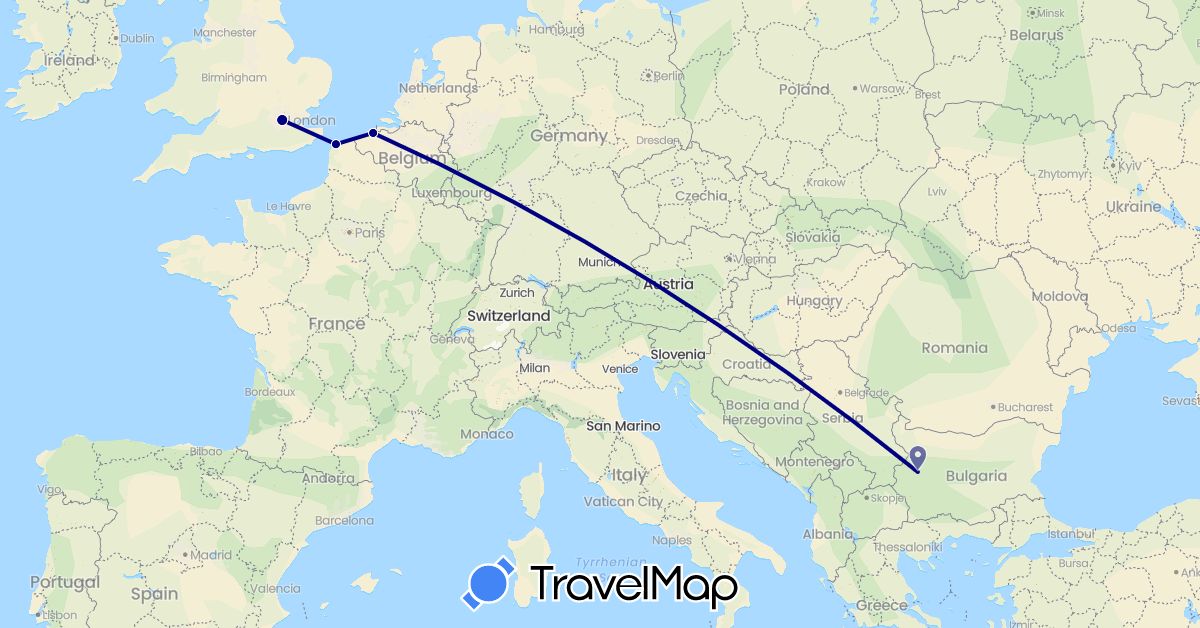 TravelMap itinerary: driving in Belgium, Bulgaria, France, United Kingdom (Europe)